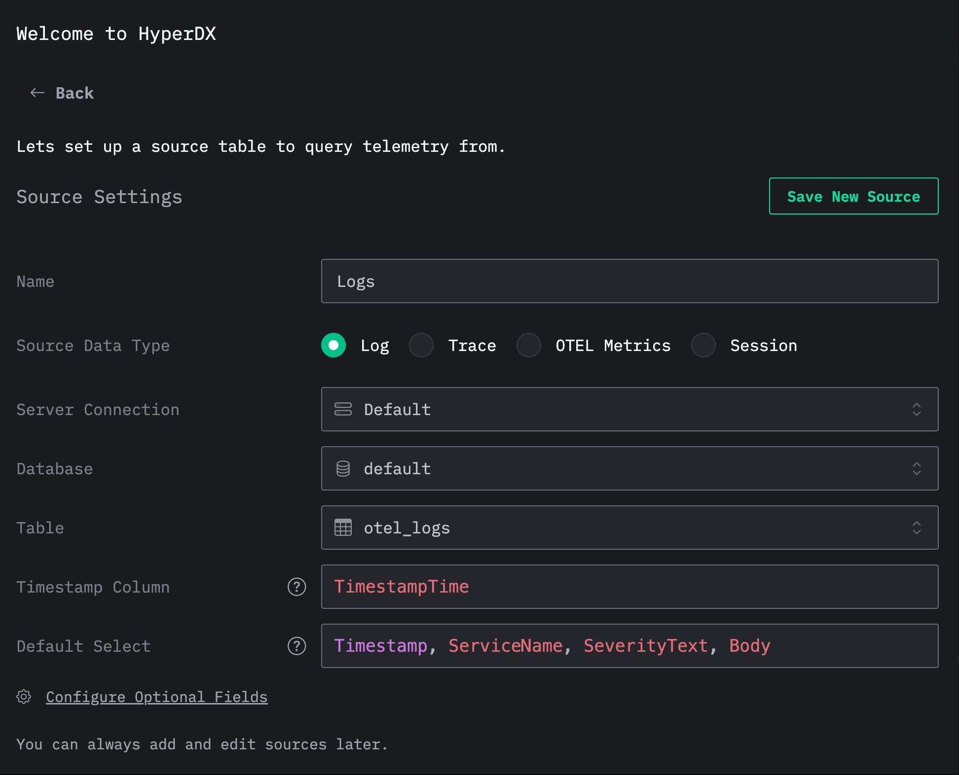 Создать источник логов