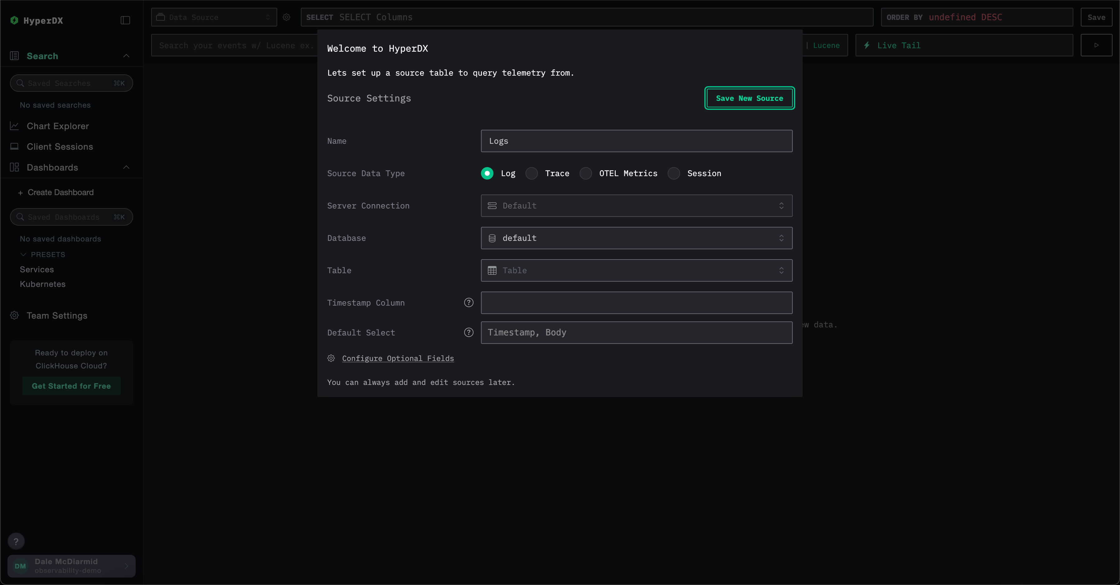 Главная страница HyperDX в ClickHouse Cloud